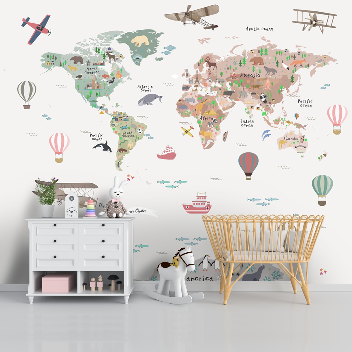 Pastel World Map Wallpaper with Balloons for Kids Room, Customised