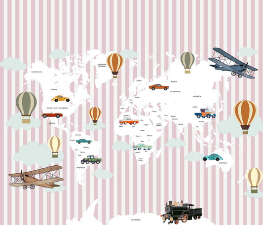 World Map with Gliders, Hot Air Balloons and Vintage Cars, Kids Room World Maps