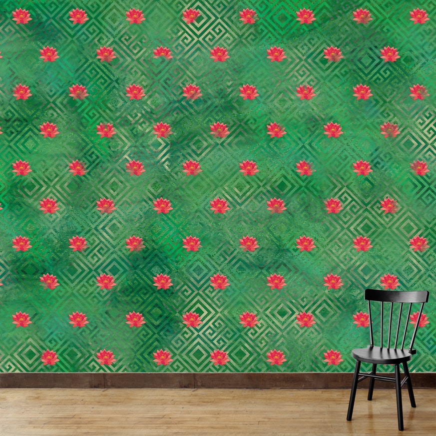 Green & Red Lotus Wallpaper for Bedrooms and Living Rooms