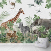 Papier peint thème jungle pour chambre d'enfant, girafe, éléphant, lionne, lionceau, zèbre, personnalisé