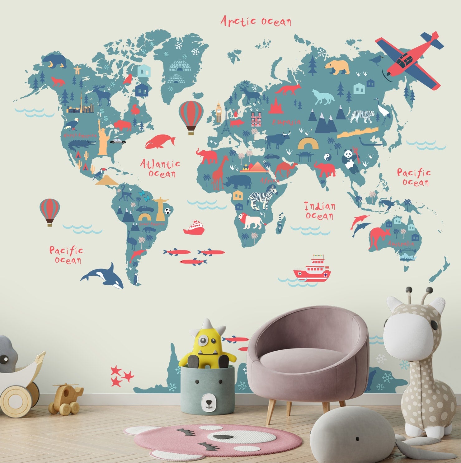 Beautiful Silhouette World Map Wallpaper Design for Kids Room, Made to Size