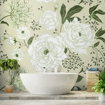 White and Green Vintage Floral Wallpaper, Customised