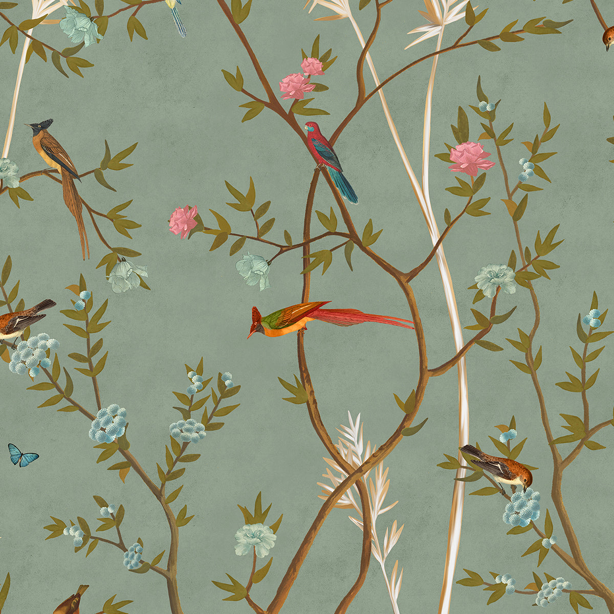 Green Chinoiserie Wallpaper with Flowers and Birds, Customised