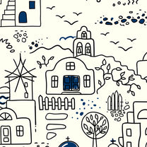 Whimsical Santorini Dreams: Doodle Art Wallpaper