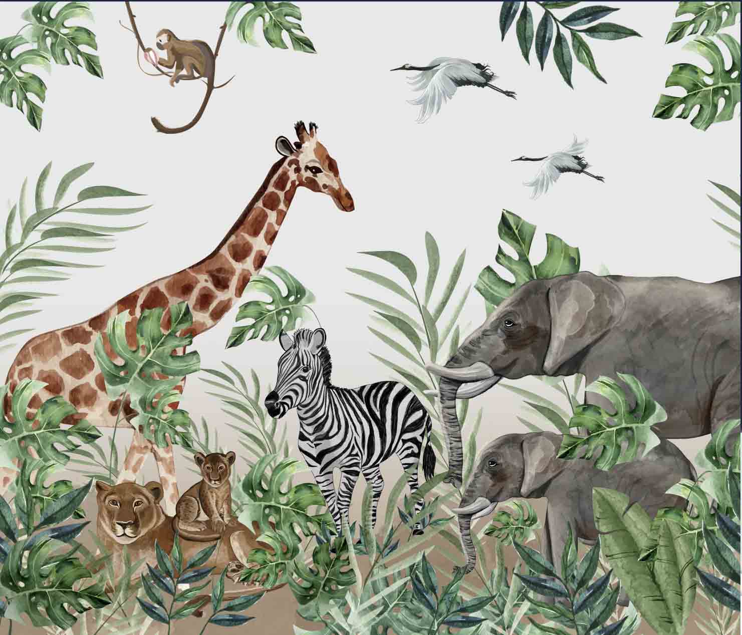Jungle Theme Kids Room Wallpaper, Giraffe, Elephant, Lioness,Cub, Zebra