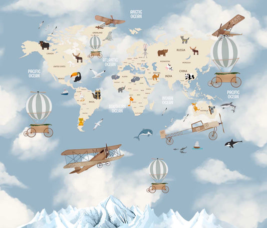 World Map with Hot Air Balloons and Gliders, Kids Wall Murals, Blue