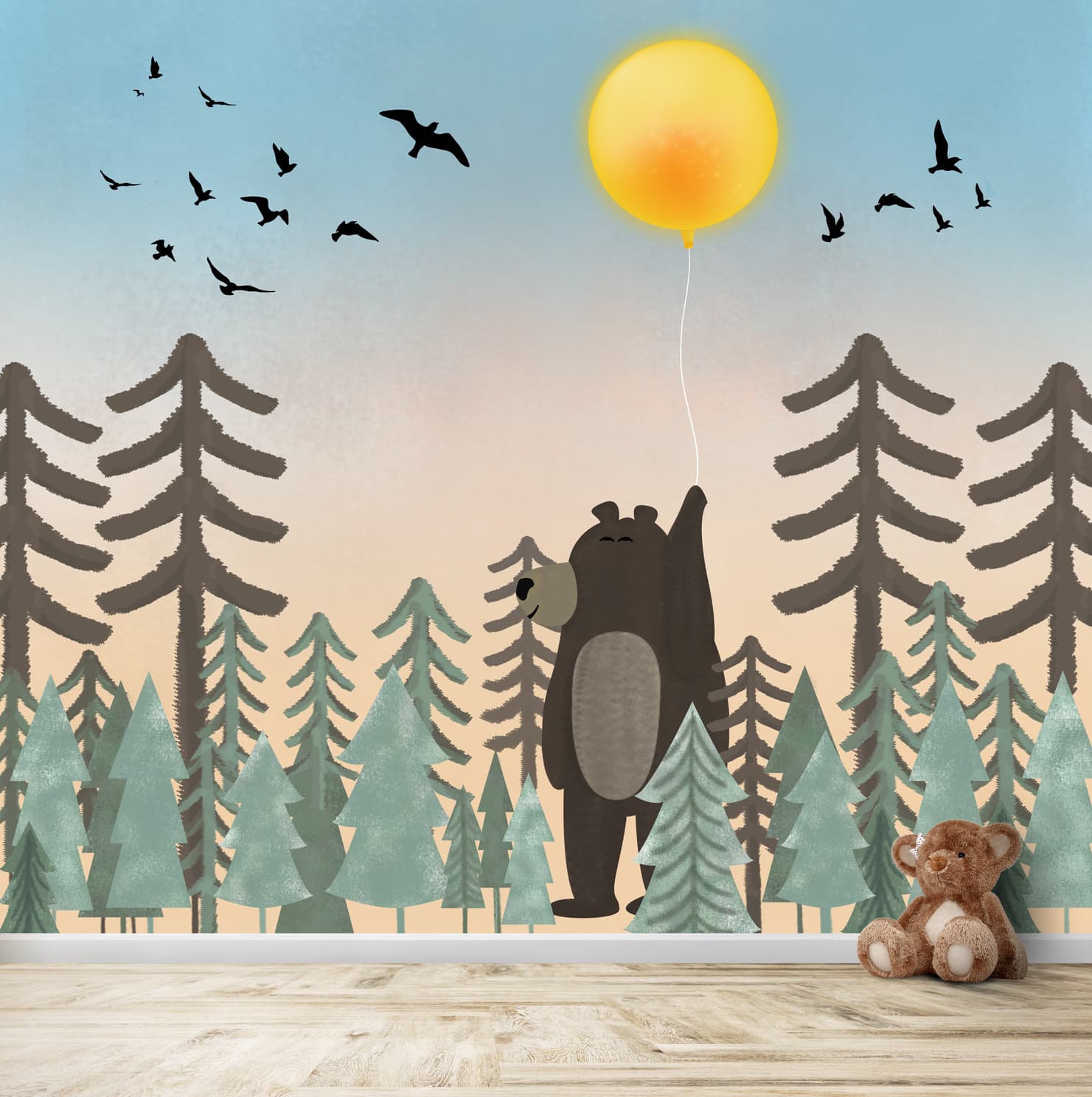 Jungle Theme Giant Bear, Bright Sunny Day, Hand Painted Wallpaper For Kids