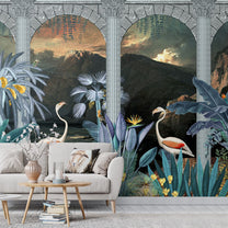Tropical Theme Wallpaper Design with Flamingoes