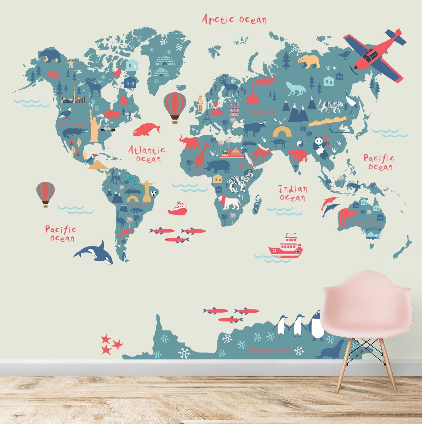 Beautiful Silhouette World Map Wallpaper Design for Kids Room, Made to Size