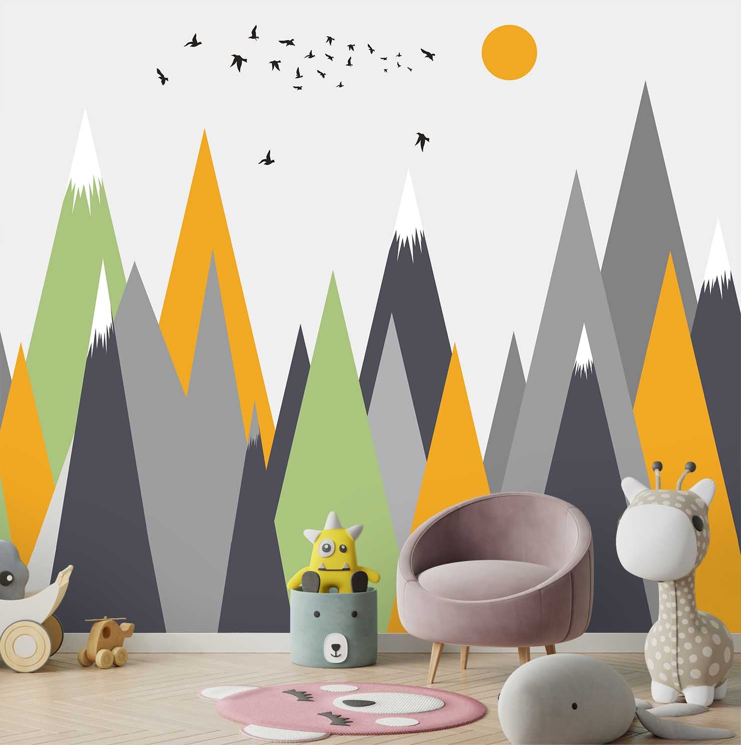 Solid yellow, Grey and Green Mountains theme for Kids room