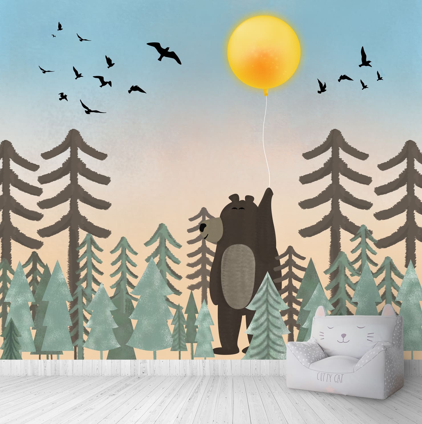 Jungle Theme Giant Bear, Bright Sunny Day, Hand Painted Wallpaper For Kids