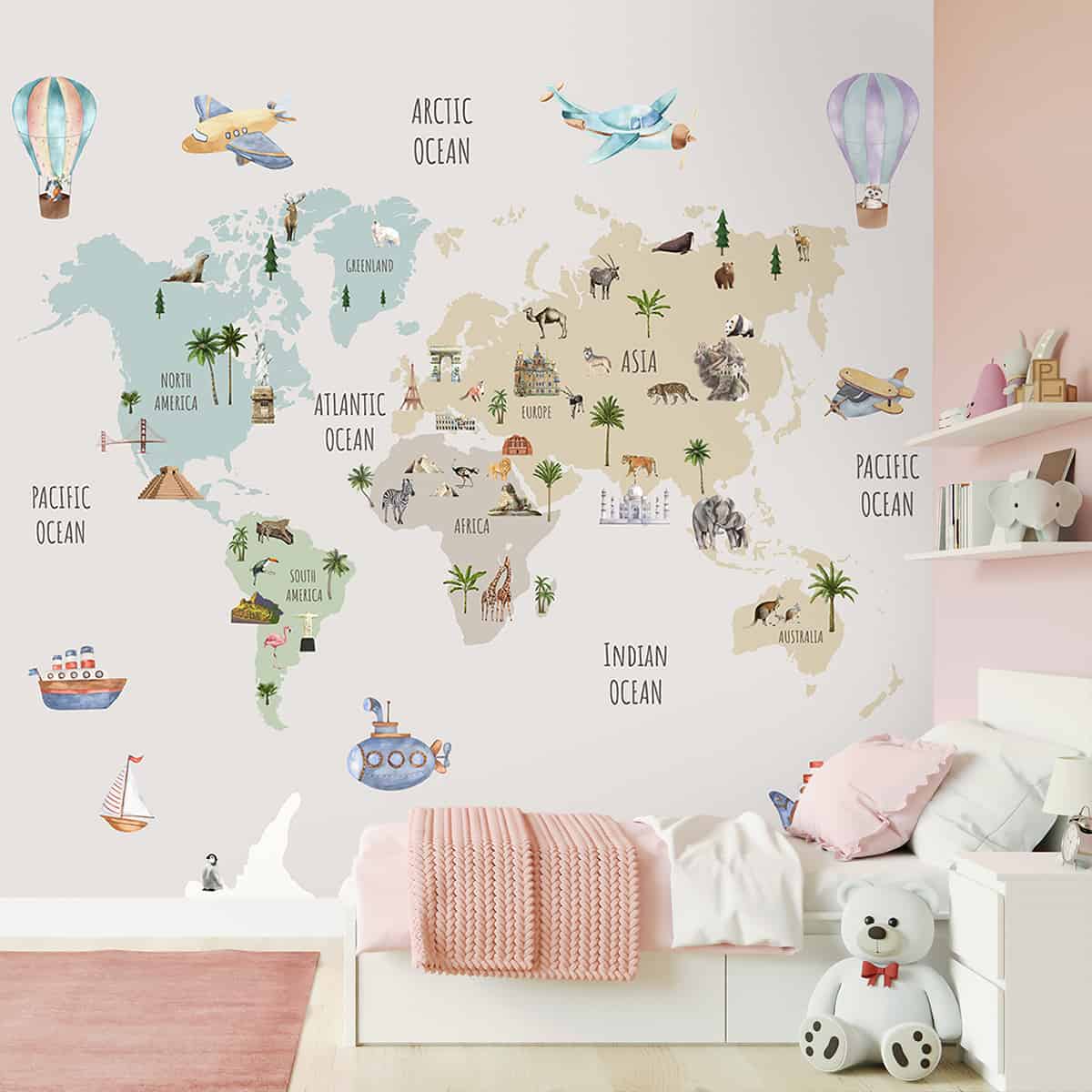 Pretty World Map Design for Kids Bedroom, Pastel, Customised