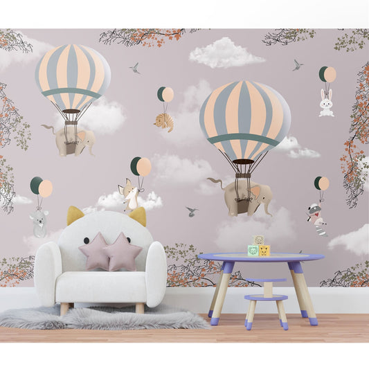 Flying Animals on Hot Air Balloons Wallpaper Design for Kids, Customised
