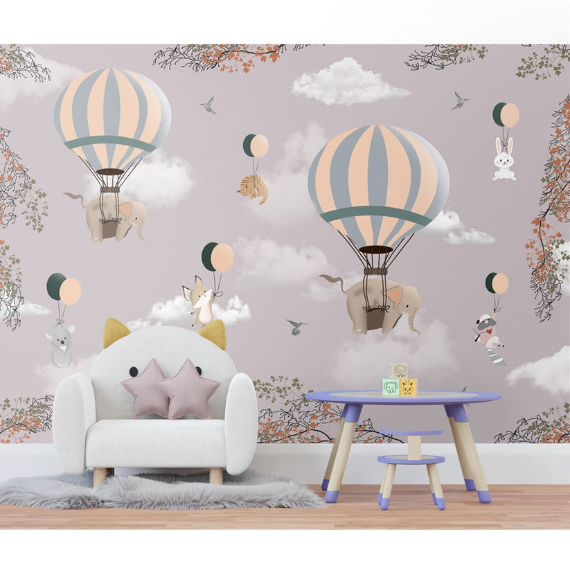 Flying Animals on Hot Air Balloons Wallpaper Design for Kids, Customis ...