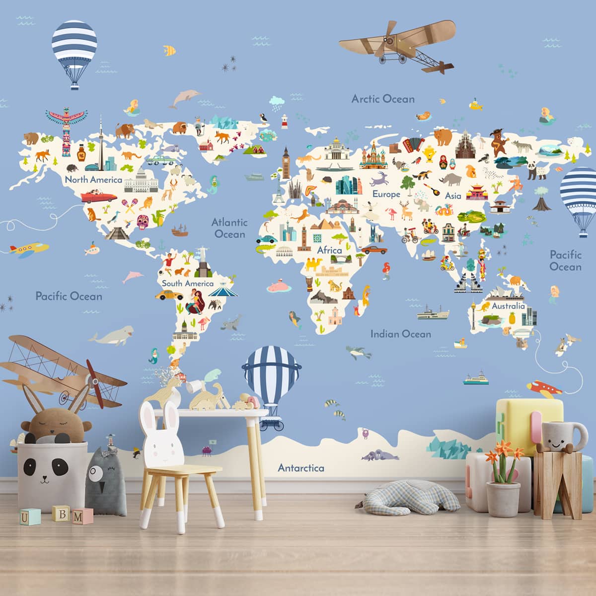 Kids World Map with Monuments, Wallpaper for Kids Bedroom, Blue Worldmap