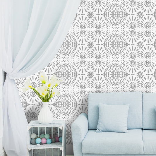 Grey and White Ikat Wallpaper, Ethnic Indian Wall Decor