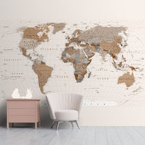 Vintage Style World Map Wallpaper, Brown & Beige, Made to Size