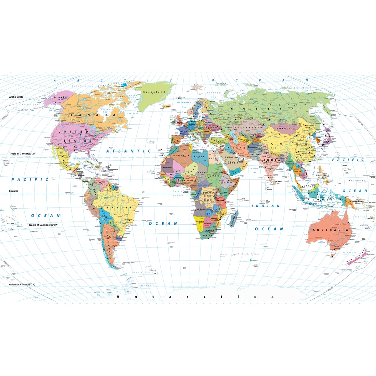 Detailed World Map with Countries & Cities for Wall