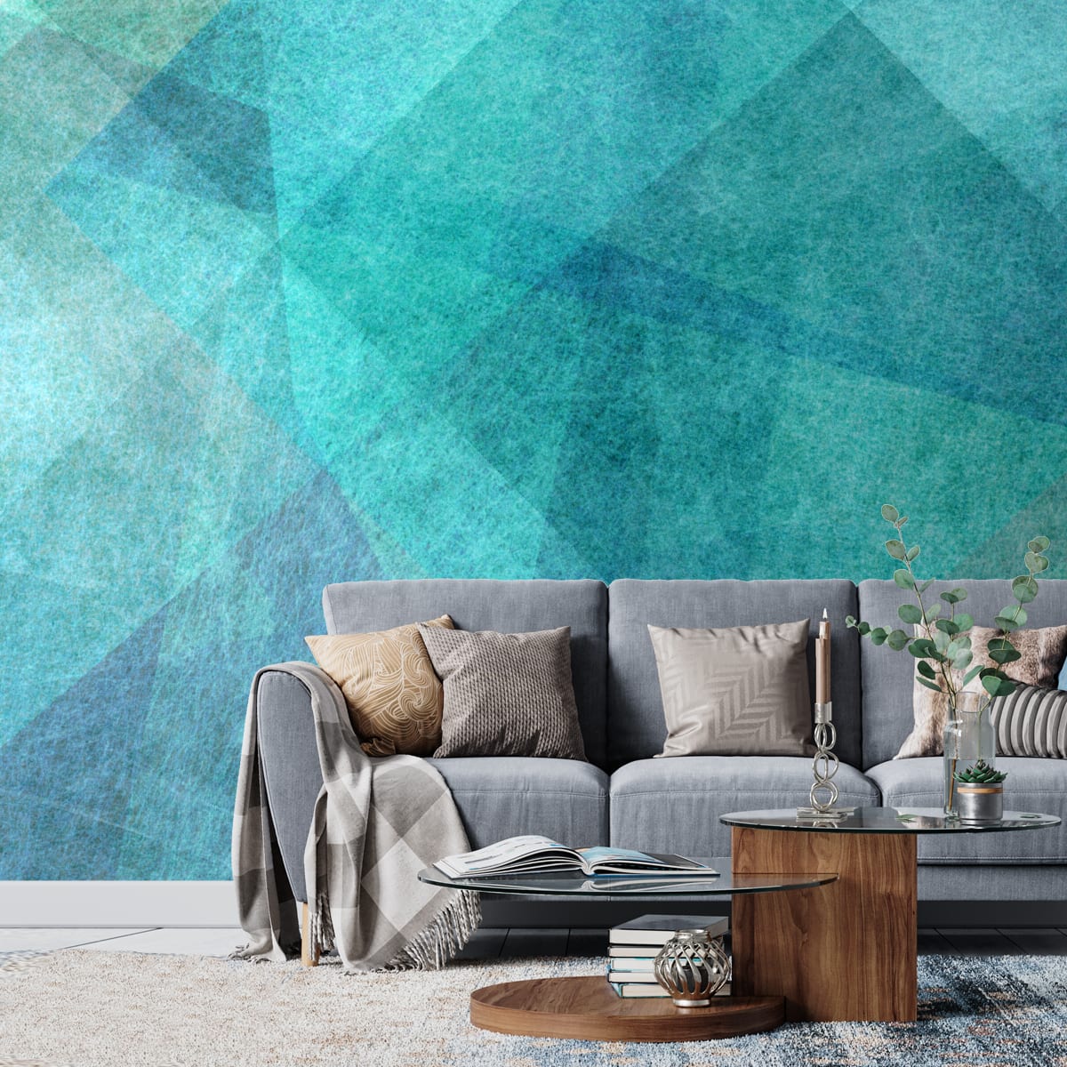 Green and Blue Geometric Shapes, Wallpaper for Walls, Customised