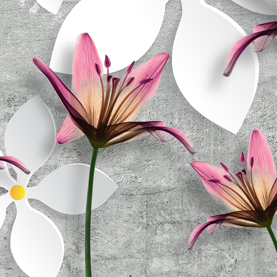 Pink Lily Flower 3D Design Wallpaper, Grey Background