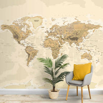 Vintage World Map, Beige and Brown Colors, Wall Wallpaper