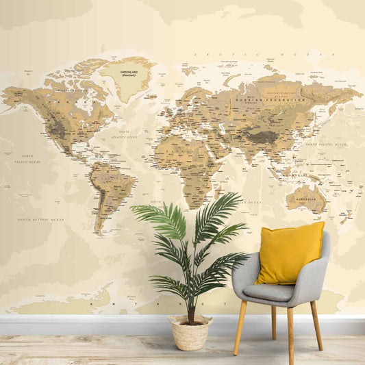 Vintage World Map, Beige and Brown Colors, Wall Wallpaper
