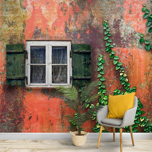 Vintage Wall with Green Creeper, 3D Wallpaper for Rooms