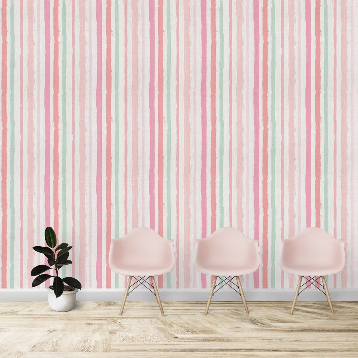 Pastel Irregular Striped Wallpaper, Pink and Green