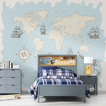 Vintage Style Nautical World Map, Blue Wallpaper, Customised