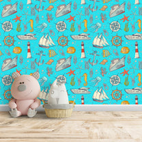 Ship, Starfish, Anchor, Fishes in Blue Background Wallpaper