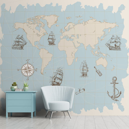 Vintage Style Nautical World Map, Blue Wallpaper