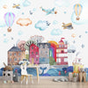 Niedliche Inselhäuser mit Luftballons und Flugzeugen, individuelle Tapete