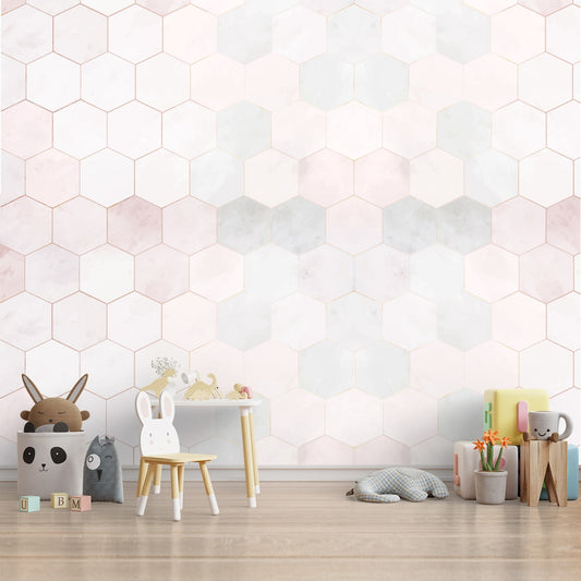 Pink Hexagon Repeat Pattern Kids Wallpaper