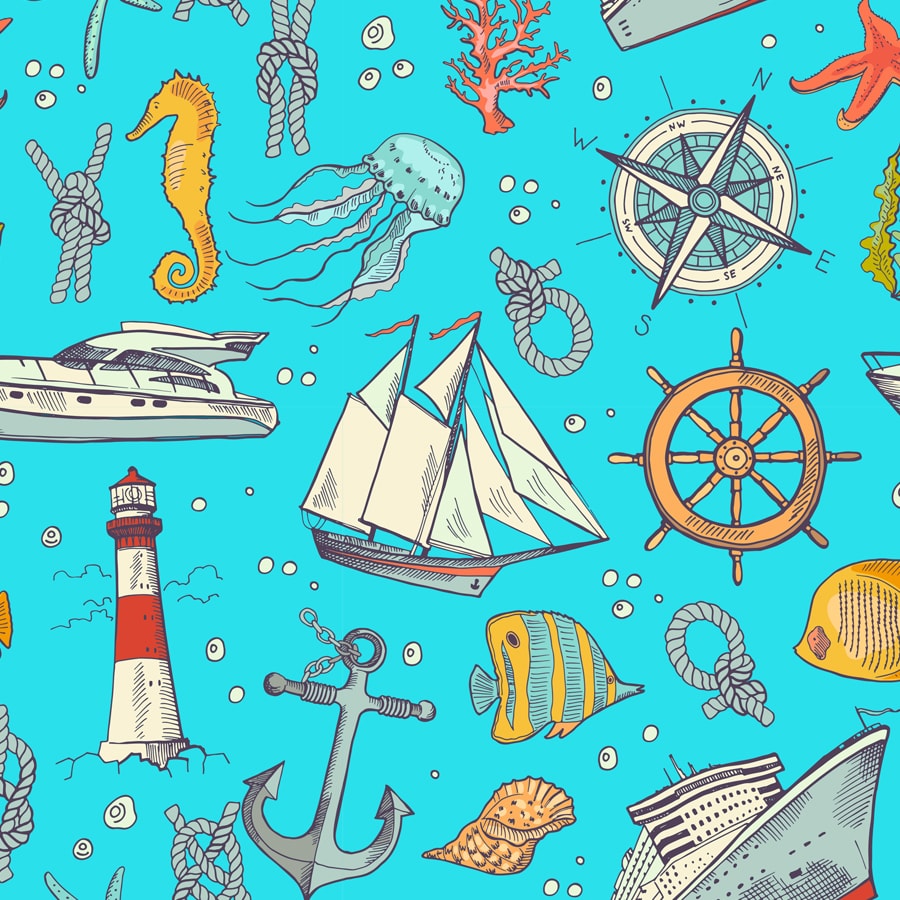 Ship, Starfish, Anchor, Fishes in Blue Background Wallpaper, Customised