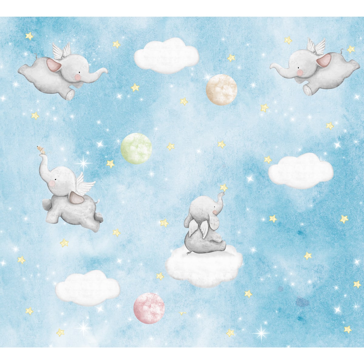 Cute Elephants on Clouds in Starry Night, Kids Wallpaper