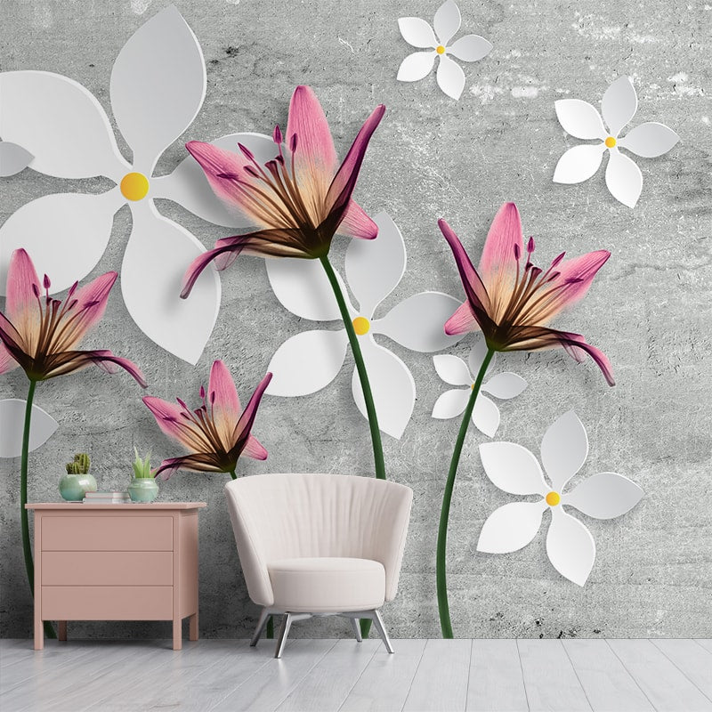 Pink Lily Flower 3D Design Wallpaper, Grey Background