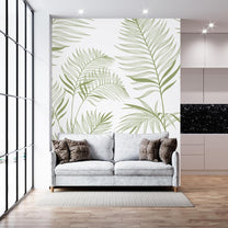 Harmony, Subtle Green Leaves in White Wallpaper Design