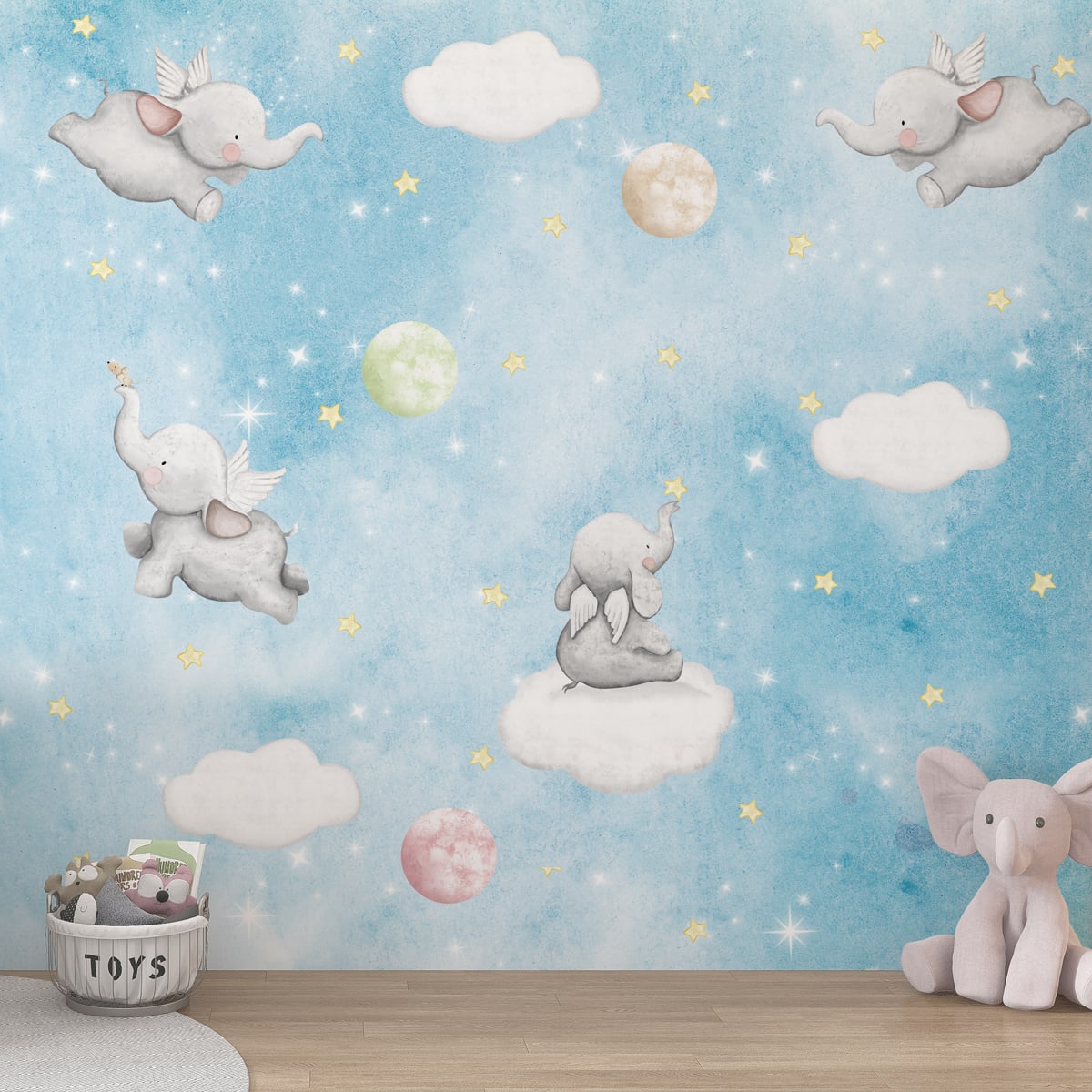 Cute Elephants on Clouds in Starry Night, Kids Wallpaper, Customised