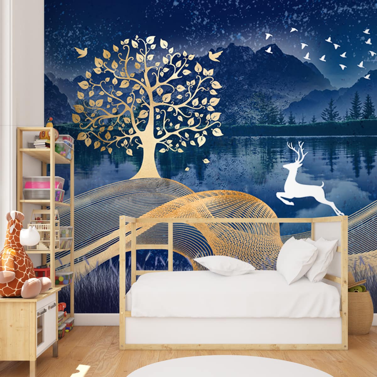Golden Bodhi Tree Wallpaper with White Deer, Customised