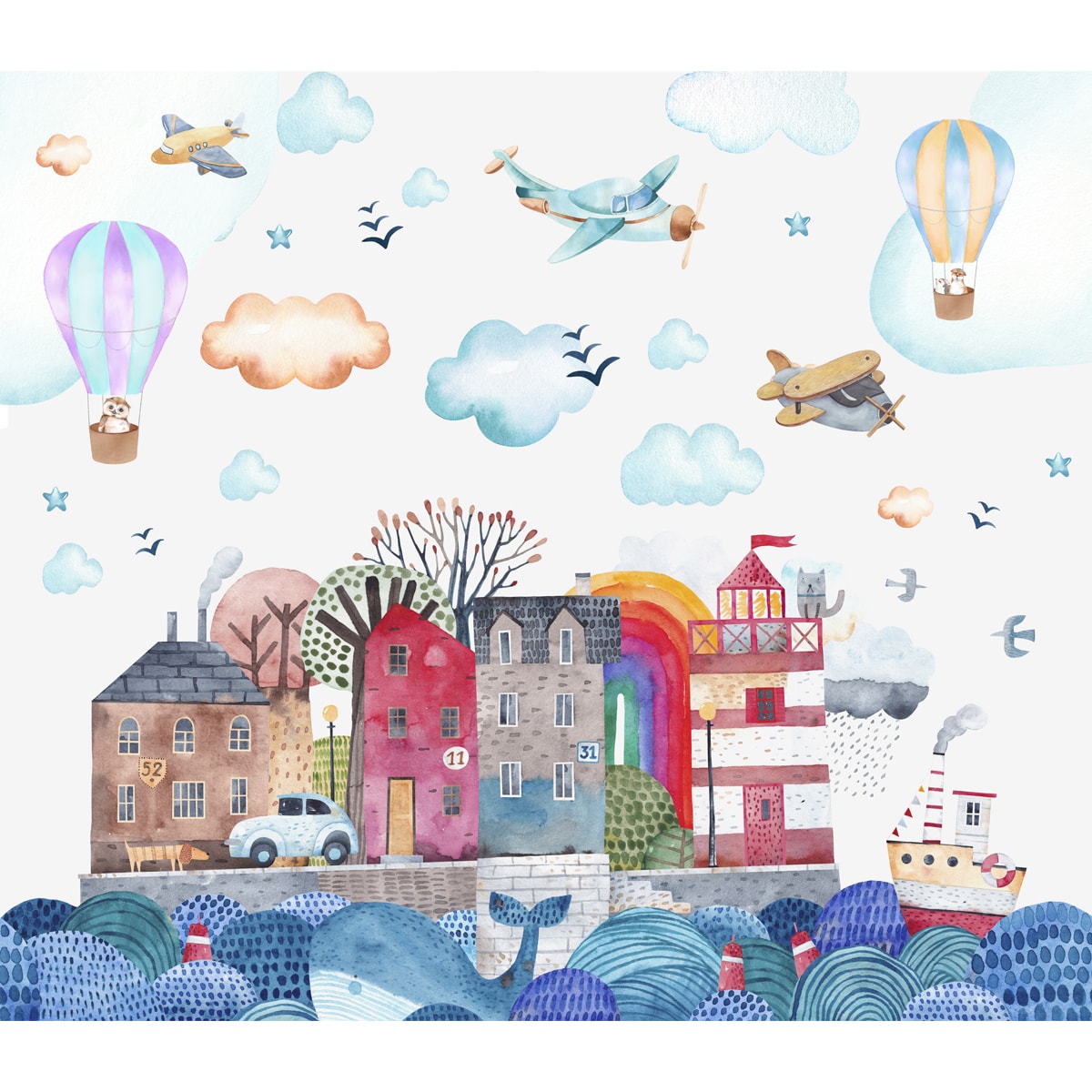 Cute Island Houses with Balloons and Planes, Customised Wallpaper