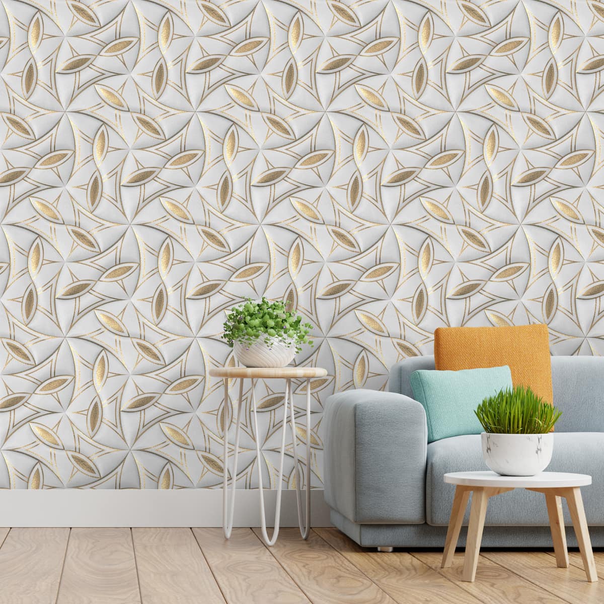 3D Wallpaper for Walls, White and Golden Leaves