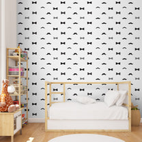 Moustache and Bow Modern Kids Room Wallpaper
