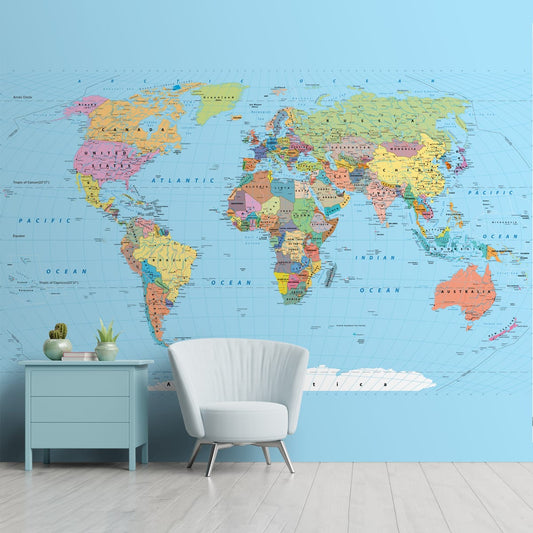 Detailed World Map for Walls, Political Blue Worldmap for Rooms