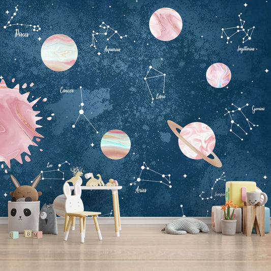 Solar System and Constellation, Wallpaper for Kids Bedrooms, Blue