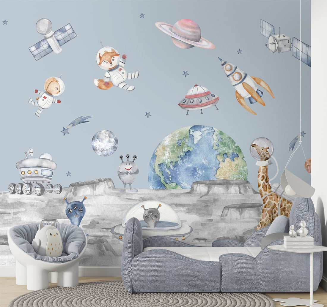 Moon Walk Space Theme Kids Room Wallpaper, Blue | Life n Colors