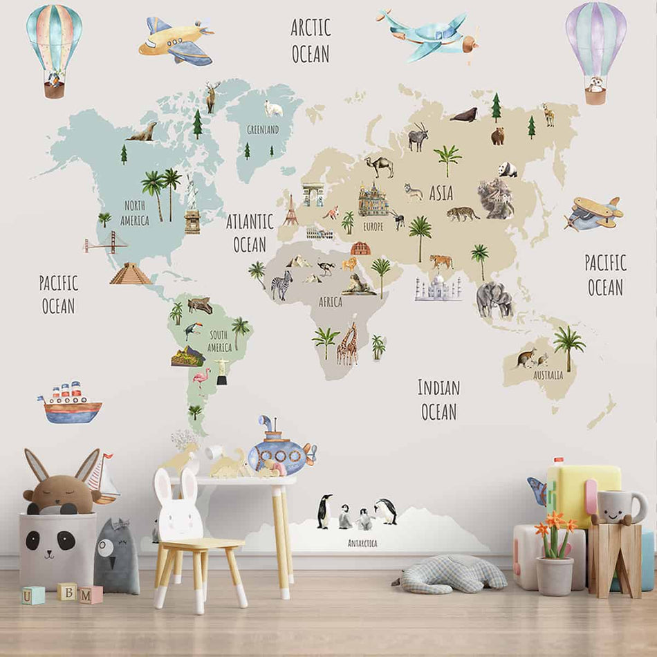 Pretty Pastel World Map Kids Wallpaper | Life n Colors