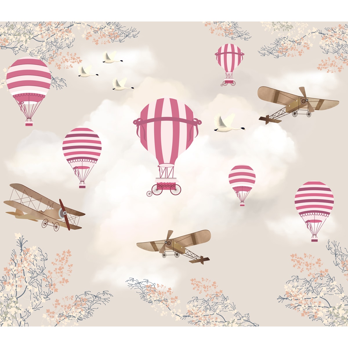 Hot Air Balloons with Gliders Wallpaper for Kids Room Wall, Pink, Customised