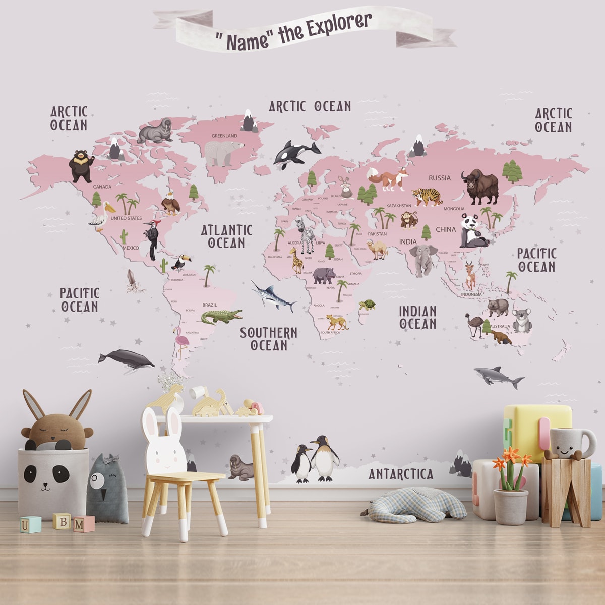 Pink World Map Label Personalised 3D Pink World Map for Walls, Girl Bedroom | Life n Colors