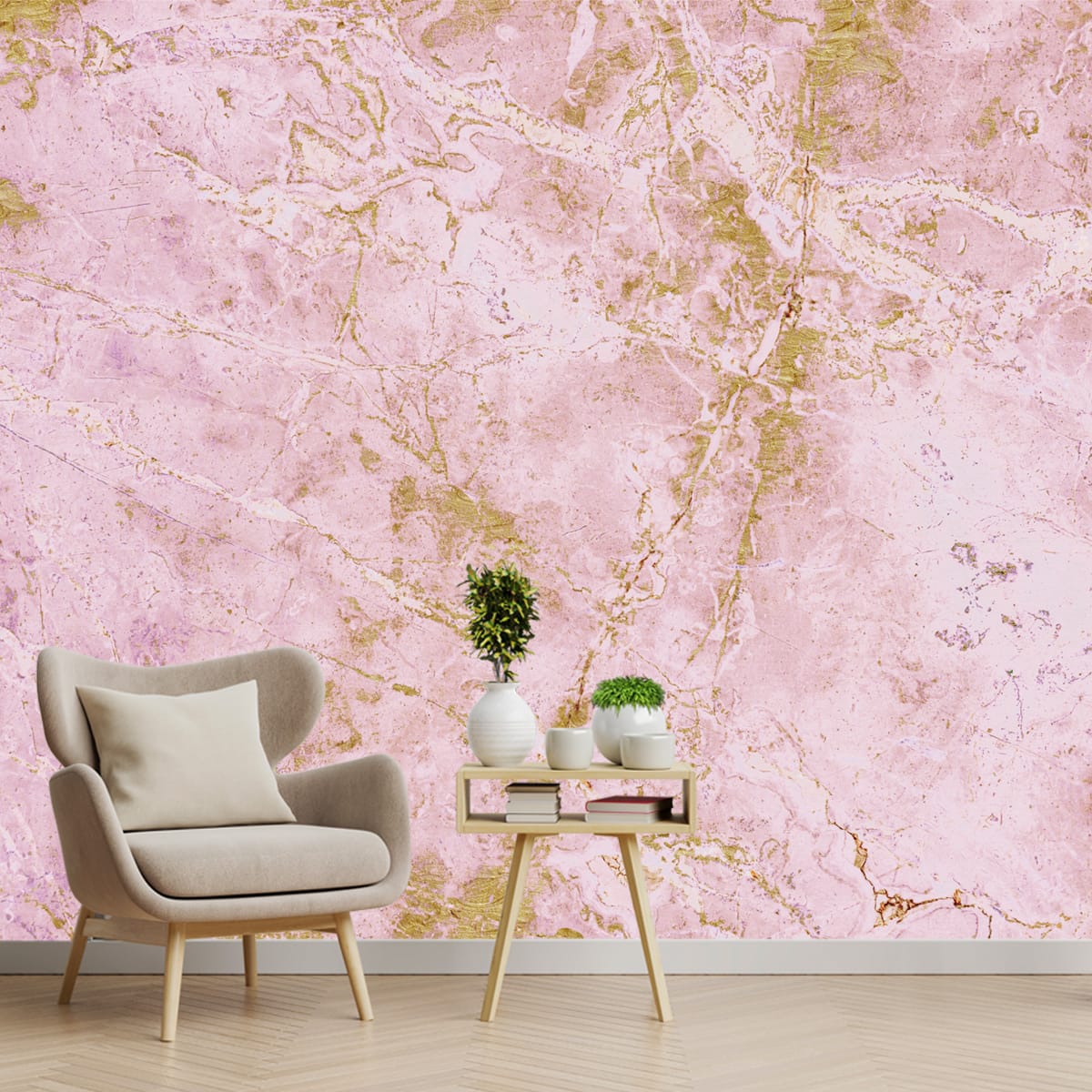 Beautiful Pink, White and Golden 3D Marble Stone Abstract Room Wallpaper, Customised