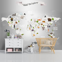 3D Grey Map Design Wallpaper for Kids Room with Animals